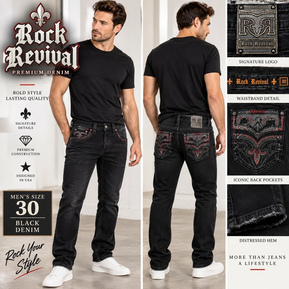 Rock Revival Men Jean 30 Greyton Straight Black Red Rhinestone Fleur De Lis 1905